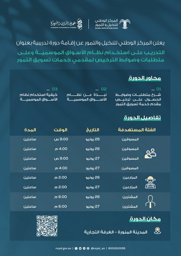 دورة تدريبية بعنوان "التدريب على استخدام نظام الأسواق الموسمية وعلى متطلبات وضوابط الترخيص لمقدمي خدمات تسويق التمور".